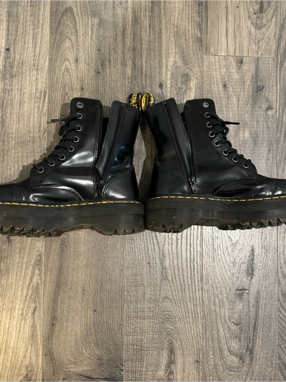 Dr. Martens Black Platform Combat Boots with Yellow Stitching